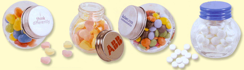 small promotional jars of mints, jelly beans, love hearts or chocolates